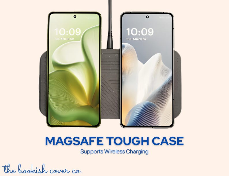 Two smartphones charging on a MagSafe tough case that supports wireless charging.