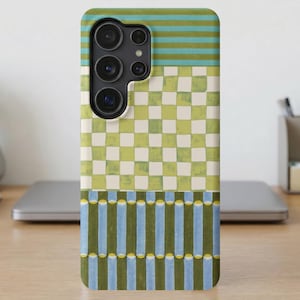 MagSafe Phone Case | Eclectic Abstract Green Blue Checkerboard Stripes (iPhone, Samsung)