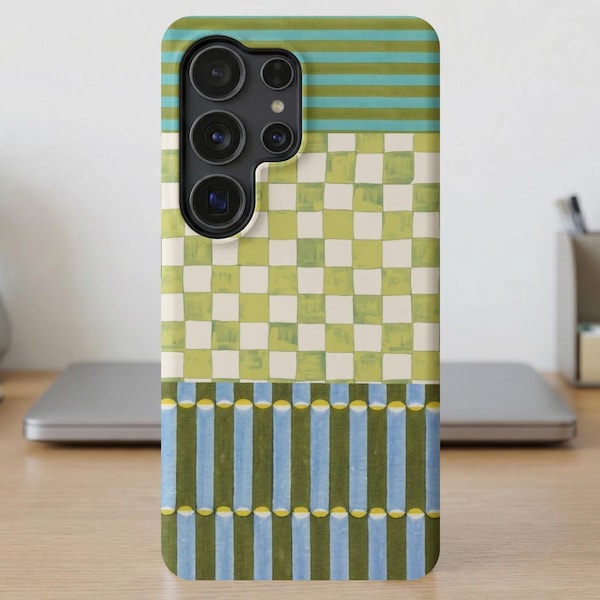 MagSafe Phone Case | Eclectic Abstract Green Blue Checkerboard Stripes (iPhone, Samsung)