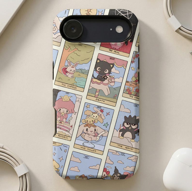 Tarot card phone case with kawaii Sanrio characters like Cinnamoroll and Hello Kitty.
