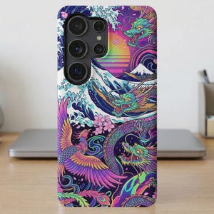Neon Dragon Phoenix MagSafe Phone Case iPhone, Samsung Great Wave Art, Vibrant Japanese Aesthetic
