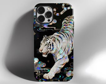 Witte tijger Magsafe telefoonhoesje voor iPhone 14 15 16 17 Pro Max, Samsung Galaxy S26 Ultra, luxe design met hemels schelpeffect.