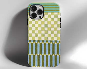 MagSafe-telefoonhoesje | Eclectisch abstract patroon groenblauw dambordstrepen | iPhone 17 16 15 14 Plus Pro Max, Samsung S26 Ultra