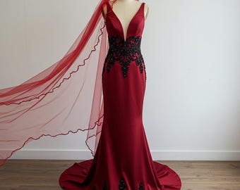 Red Wedding Dress with Black Lace | Gothic Bridal Gown Red Wedding Dress with Black Lace | Gothic Bridal Gown