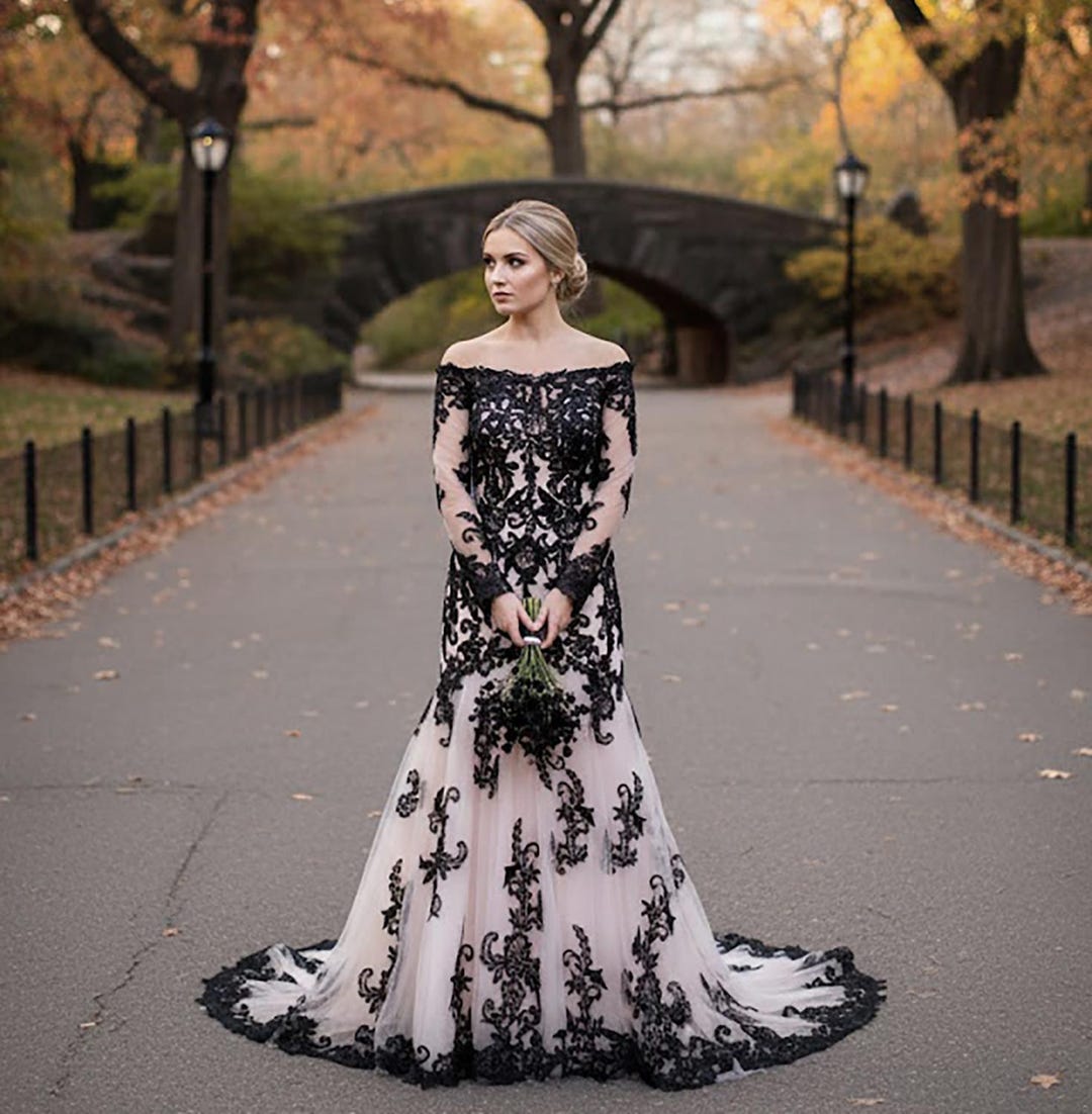 Black Lace White Lace Dress With Tan Underneath Strapless Off The Shoulder Black  Lace Wedding Dress