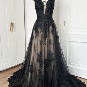 Black Wedding Dress | Custom Lace Bridal Gown | Unique Handmade Wedding Dress | Elegant Tulle and Satin Design