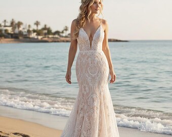 Mermaid silhouette silk lace chiffon Wedding dresses / Custom made wedding Gowns / Boho wedding Dress