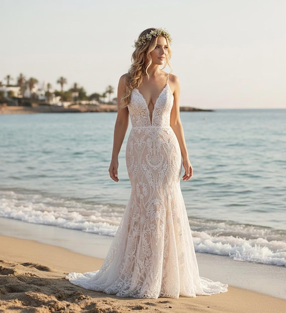 Mermaid Silhouette Silk Lace Chiffon Wedding Dresses / Custom Made Wedding Gowns / Boho Wedding Dress