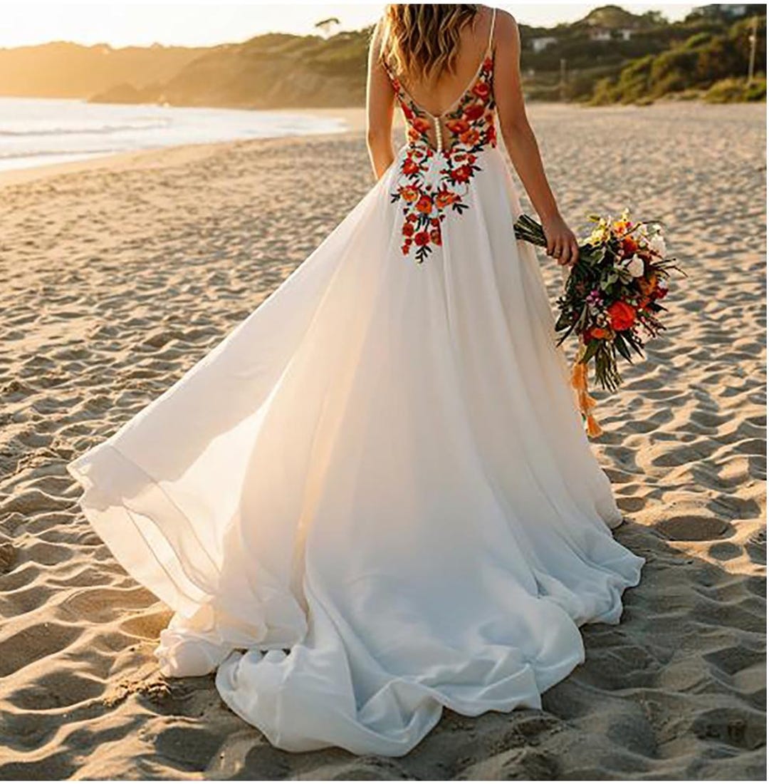 Boho Beach Wedding Dress Handmade Embroidered Bridal Gown Etsy