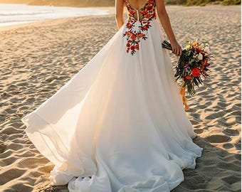 Boho Beach Wedding Dress | Handmade Embroidered Bridal Gown