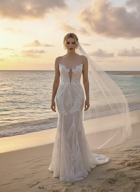 knee length dresses for ladies Designer Beaded Lace Strapless Custom Mermaid Tulle Bridal Dress main image 0
