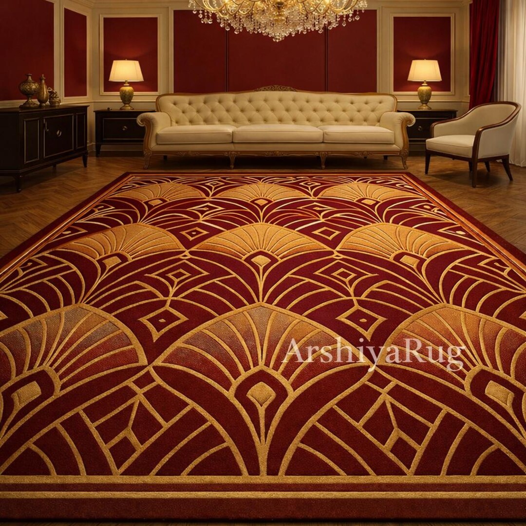 Art Deco Area Rug in Red and Gold, Luxury Geometric Living Room Rug - Etsy