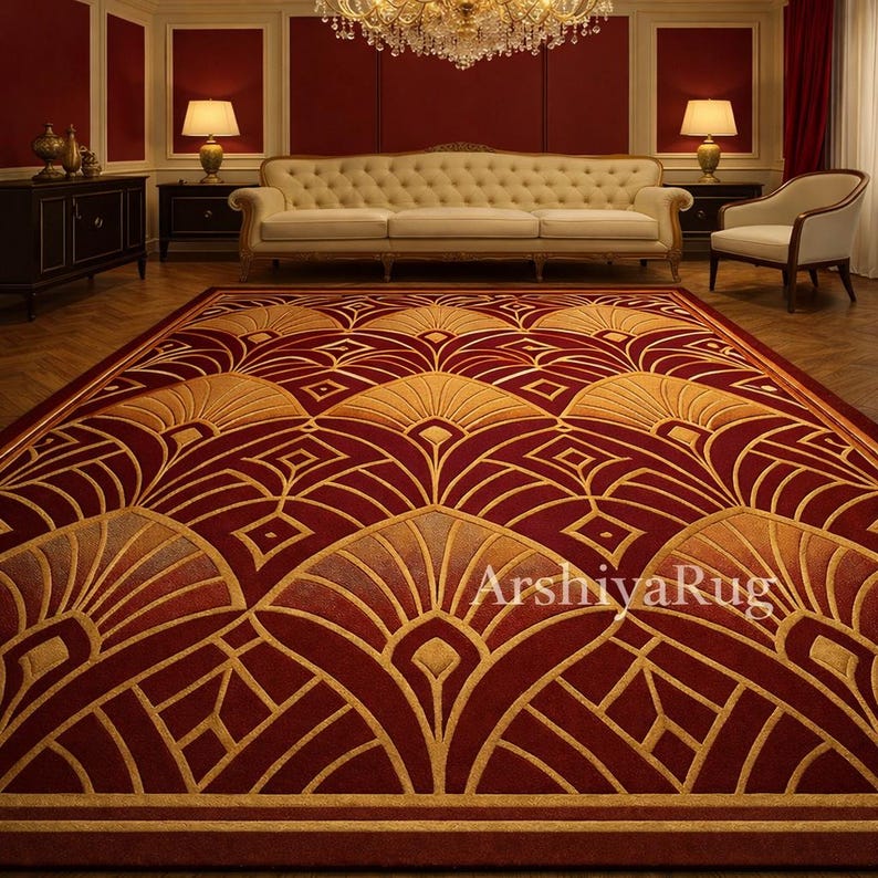 Art Deco Area Rug in Red and Gold, Luxury Geometric Living Room Rug ...