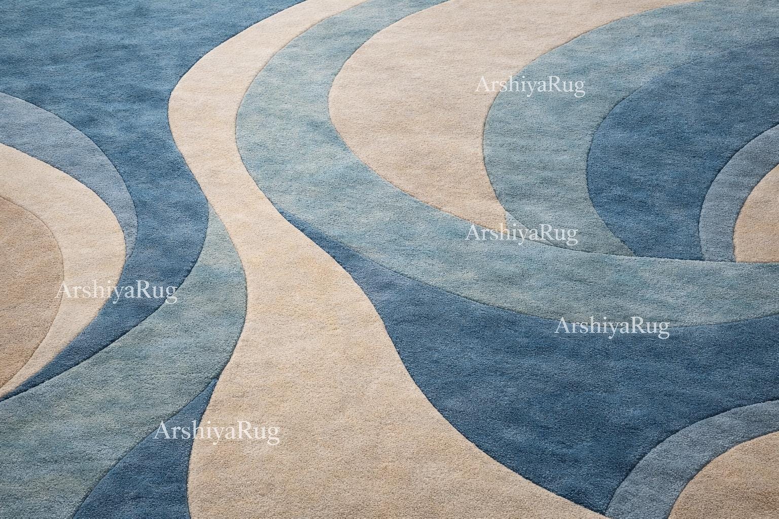 Abstract Wavy Area Rug, Modern Blue Beige Neutral Rug - Etsy