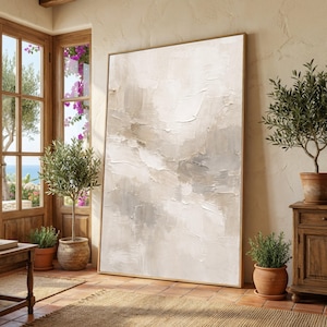 Płótno o neutralnych tonach, abstrakcyjna tekstura, nowoczesna minimalistyczna sztuka ścienna, paleta beżów i kremów, wystrój domu, współczesny obraz na płótnie