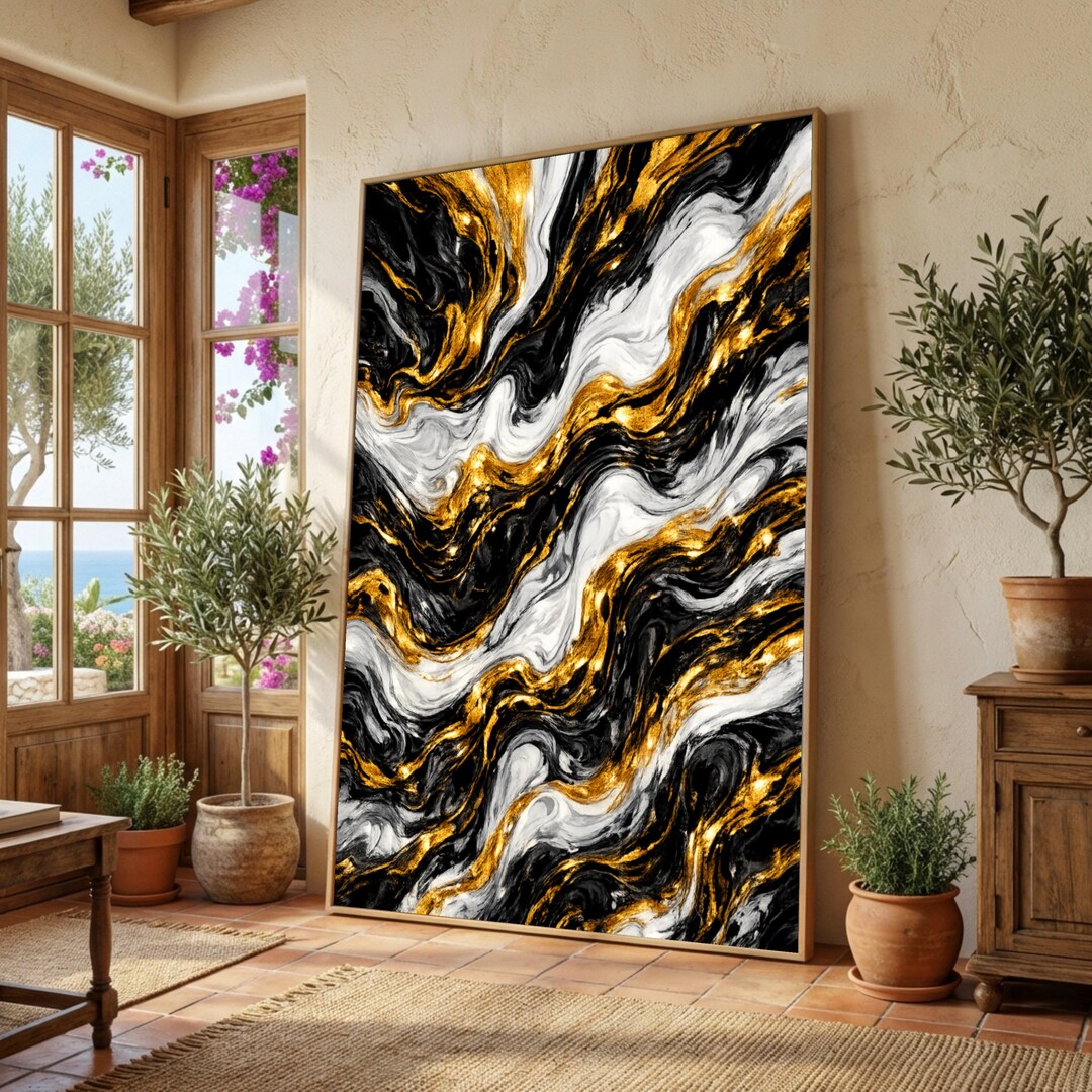 Modern Abstract Gold and Black Marble Canvas, Swirl Wall Art ...