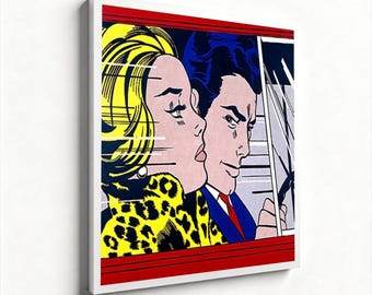 Retro Pop Art Paar Leinwanddruck, Vintage Comic Auto Szene, Bold Bunt Wand Dekor
