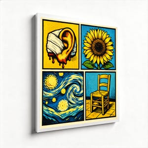 Vincent van Gogh Pop Art Comic Panel Canvas, Four-Section Fragmented Ear, Sunflower, Swirling Sky & Chair, Bright Yellow Blue Wall Art