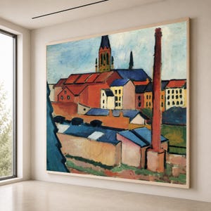 以下が含まれることがあります： 都市の風景を描いた表現主義の絵画の大きな長方形のウォールアートプリント。赤い屋根の建物、高い教会の尖塔、そして淡い青い空を背景にした目立つ赤い工業用煙突が、目に見える筆致で描かれています。