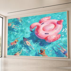 Sommerurlaub Pool Szene Leinwand, Pink Flamingo Float Kunstwerk, Lebendiges Schwimm Leben Wandkunst, Hell Blau Wasser Malerei, Entspannender Urlaub