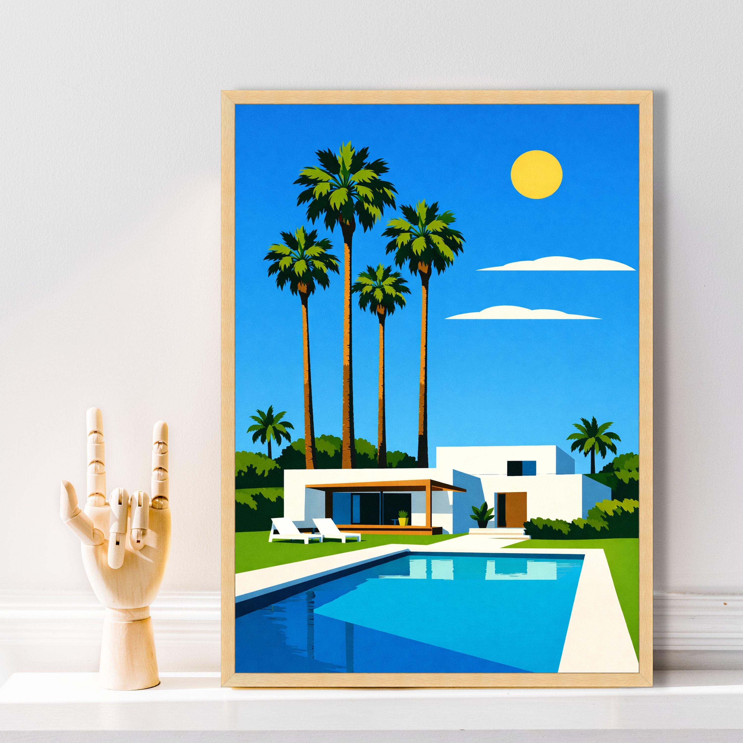 Modern White Villa With Pool, Palm Tree Landscape Canvas, Summer