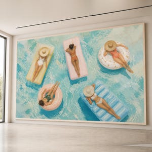 Summer Holiday Pool Scene, Relaxing Women on Floaties Canvas, Blue Water Wall Art, Vacation Vibes Artwork, Coastal Home Decor