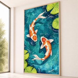 Quadro su tela con laghetto di pesci koi, dipinto giapponese con giardino acquatico, pesci colorati e ninfee, tela con scena naturale tranquilla, arredamento zen per la casa.