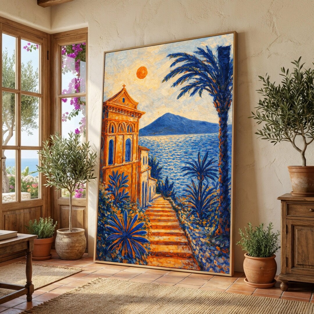 Mediterranean Coastal View Canvas, Vibrant Seaside Landscape Wall Art ...