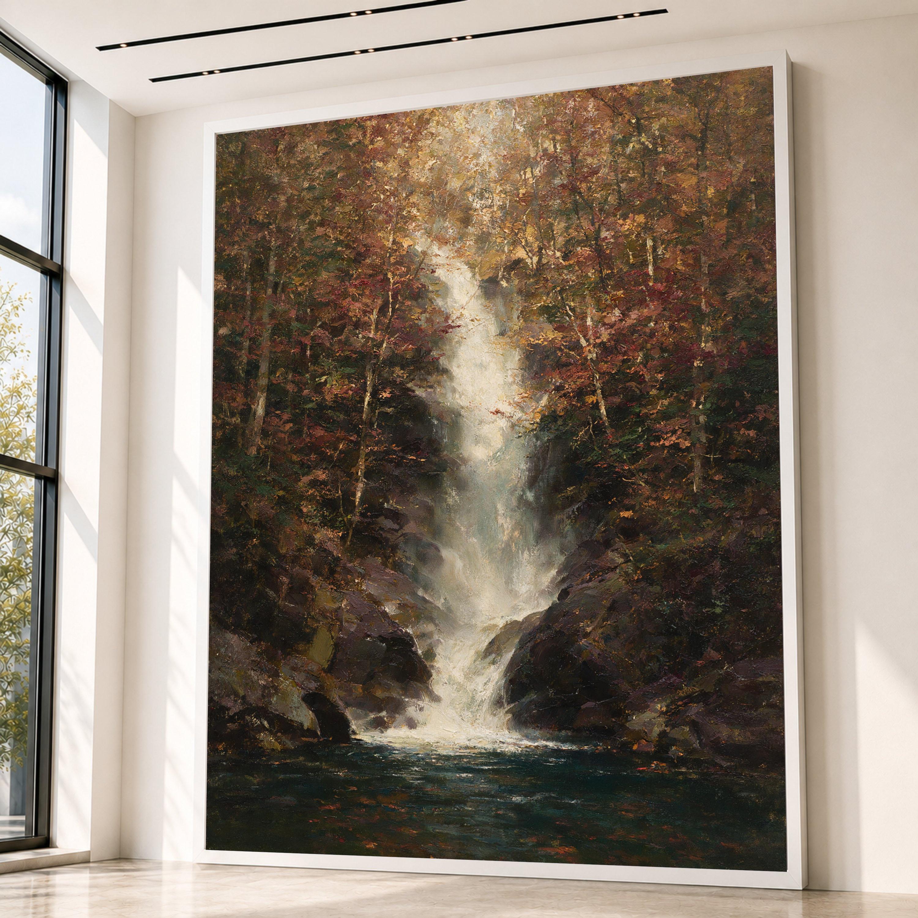 Autumn Forest Waterfall Canvas, Scenic Nature Wall Art, Rustic Landscape Canvas, Fall Trees and Stream, Tranquil Forest Decor