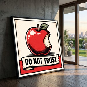 Cuadro de pared vintage con manzana roja en lienzo, cita "No confíes", ilustración clásica de fruta, decoración retro para cocina, cartel de advertencia para pared.