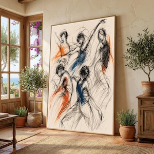 Dynamische balletdansers schetsen canvas, hedendaagse danskunst, expressieve beweging muurkunst, moderne abstracte canvasdecoratie