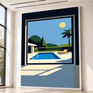 Modern canvas med utsikt över poolen, minimalistisk väggkonst för utomhusscener, landskap med solig dag, modern canvas för heminredning
