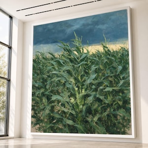 Tableau sur toile représentant un champ de maïs, des épis de maïs verts, un ciel mélancolique, une scène champêtre, une décoration agricole, une impression sur toile de style ferme