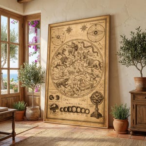 Carta zodiacale vintage con costellazioni, tela astronomica antica, arte murale con le fasi lunari, decorazione con mappa celeste, decorazione astrologica per la casa