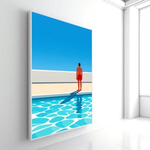 David Hockney-stil simbassängscen, minimalistisk figurativ väggkonst, klarblått vatten, modern samtida canvasdekor