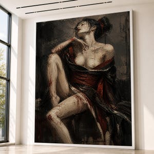 Portret eleganckiej kobiety na płótnie, zmysłowa sztuka kobieca, nowoczesna sztuka figuralna na ścianę, obraz z czerwoną i czarną sukienką, dekoracja do domu na płótnie