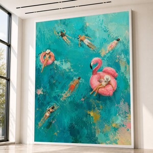 Sommer Urlaub Pool Szene Leinwand, schwimmende Flamingo Aufblasbare Wand Kunst, entspannendes Schwimmen Urlaub Dekor, helle Aqua Blau Wasser Malerei