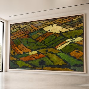 パッチワーク畑の風景キャンバス、デビッド・カカバゼの写実主義アート、カラフルな農業風景、素朴な農場の壁アート、自然のキャンバス装飾