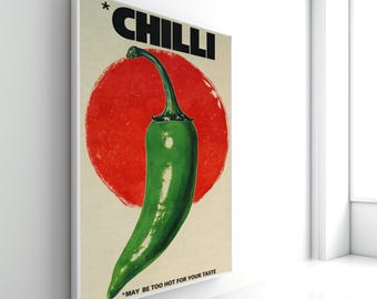 Retro Green Chili Pepper Canvas Print, Vintage Pop Art Kitchen Wall Decor