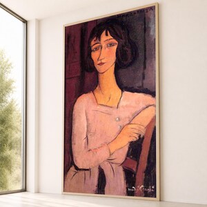 Elegantes Porträt von Frau Leinwand Wandkunst, moderne expressionistische Malerei, Amedeo Modigliani Stil, künstlerische Dekoration