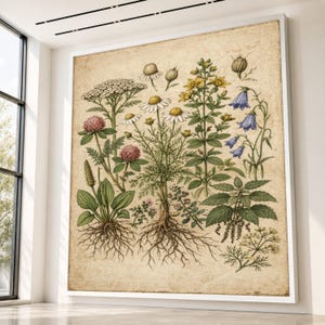 Ilustração botânica vintage em tela, arte de parede com ervas e flores silvestres, impressão de raízes de plantas da natureza, decoração floral para jardim, decoração rústica para casa.