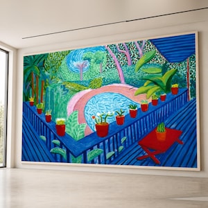 David Hockney, Vibrant Garden Patio Scene Canvas, Abstract Nature Wall Art, Colorful Outdoor Landscape Canvas, Contemporary Home Decoration