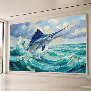 Quadro con marlin che salta, scena oceanica, decorazione murale costiera, tela con vita marina blu, decorazione murale a tema natura marina, pronto da appendere, arte da spiaggia