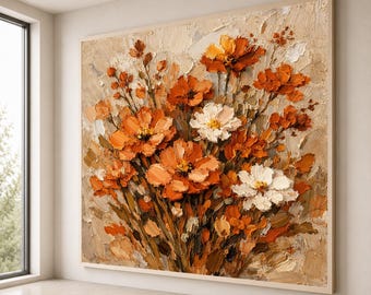 Autumn Floral Bouquet Canvas, Orange White Flowers Wall Art, Rustic Home Decor, Warm Tones Canvas Painting, Ready to Hang Artwork