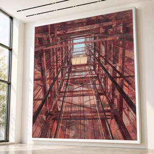 Industrial Metal Framework Canvas, Abstract Architectural Art, Rust Red Structure Wall Decor, Urban Style Canvas, Modern Home Decoration