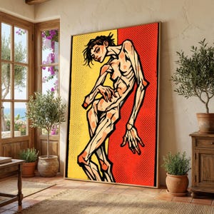 Pode incluir: Uma impressão emoldurada em estilo pop art com uma figura humana estilizada. A obra de arte é dividida em seções amarelas e vermelhas com um padrão de pontos. A figura é retratada em tons de bege e preto, com uma pose dinâmica.