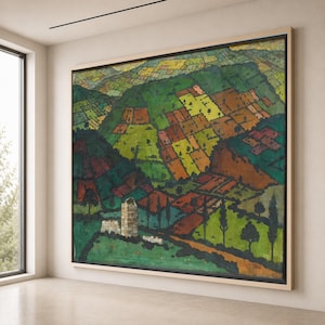 Lienzo con coloridos campos de patchwork, arte mural de paisaje realista, estilo David Kakabadze, lienzo rústico campestre, decoración de tierras de cultivo.