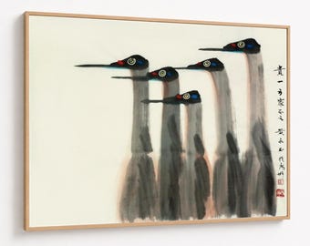Abstracte ganzen schilderij canvas, traditionele Aziatische kunst, minimalistische vogel kunst aan de muur, Huang Yongyu modern huisdecor canvas