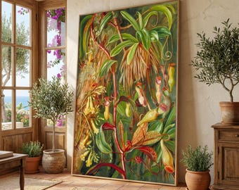 Exotische Fleischfressende Pflanzen Leinwand Wandkunst, Botanische Illustration von Marianne North, Dschungel Szene, Tropische Flora Leinwand, Hausdekoration