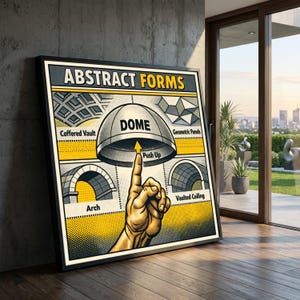 May include: Framed poster titled "ABSTRACT FORMS" with illustrations of architectural elements like a dome, arch, and vaulted ceiling. The poster features a hand pointing upwards towards a dome with the word "DOME" above it. The color scheme includes yellow, black, and gray.